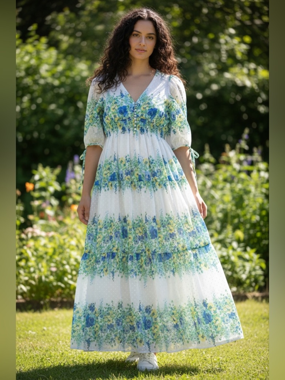 Taylor White Maxi Dress with Blue & Green Floral Bands